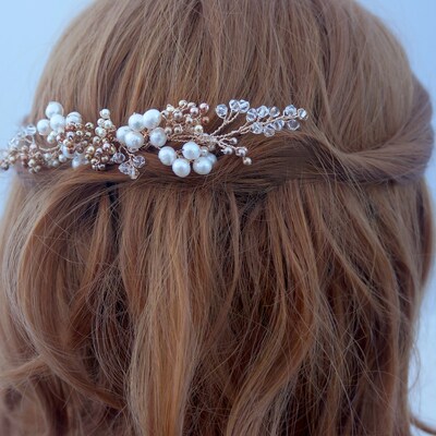 Swarovski Pearl Bridal Headpiece - Wedding Tiara - Wedding Hair Piece Gold Wedding Headband Swarovski Wedding Hair Jewelry Bridal Hair Vine - image2
